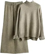 [Generic] Winter Women Sweater Tracksuits Long Sleeve Turtleneck Knitted Pullover Tops Wide Leg Knitted Straight Pants Suits