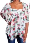 Floral Flutter Lined Chiffon Asymmetrical Keyhole Blouse Top