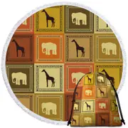 African Elements Elephants and Giraffes Round Beach Towel