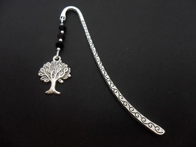 A TIBETAN SILVER TREE OF LIFE CHARM BLACK CRYSTALS BOOKMARK. NEW.