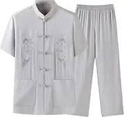 [JFBTHI] Mens Martial Arts Tai Chi Suit Embroidered Dragon Tang Suit Shirts and Pants Kung Fu Short Sleeve Suit