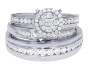 Round Cluster Halo 1 1/10 CT Real Diamond Trio Wedding Rings Set 8MM 14K Whit...