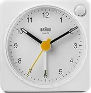 Braun Classic Travel Analogue Clock with Snooze and Light, Compact Size, Quiet Quartz Movement, Crescendo Beep Alarm in White, Model BC02XW, One, White, One Size, Classic