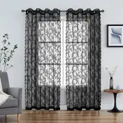 Black Lace Sheer Curtains for Bedroom Farmhouse French Floral Rose Lace Curtain Panels Durable Flower Embeoidered Window Treatment Drapes for Living Room Christmas Holiday, Set of 2