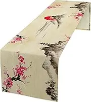 Japanese Cherry Blossom Table Runner Retro Spring Landscape Mountain Plum Floral Tabletop Decor Cover for Holiday Dining Room Party 13x120 Inch