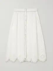 [VITA KIN] VITA KIN - Charlie Topstitched Broderie Anglaise Linen Midi Skirt - White - small small White