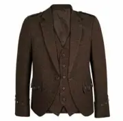 Scottish Men's Dark Brown Tweed Argyle Kilt Jacket & Vest Highland Tweed Jacket