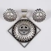 Emmett Navakuku Hopi Sun Face Sterling Silver Pendant Earrings Set Handmade