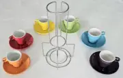 Pier 1 Imports RAINBOW Stacking Espresso Cups, Set of 6 Cups Saucers Stand NEW