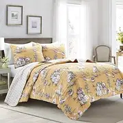 Lush Decor French Country Toile Cotton Reversible 3 Piece Quilt Set, Yellow & Gray, King