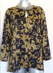 NWT PLUS WOMAN SUSAN GRAVER BLOUSE TOP TUNIC Size 1X Gold Metallic Keyhole Neck