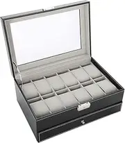 [POENVFPO] Wood Watch Holder Double Layer PU Leather Jewelry Storage Box for Watch Display, Wristwatch Organizer and Storage for Men and Women, Black
