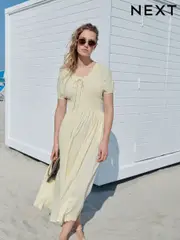 Lemon Yellow Puff Sleeve Seersucker Midi Summer Dress (AP2255) | $92