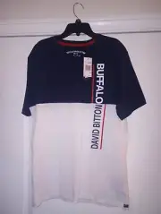 Buffalo David Bitton Logo Crew T-Shirt, White and Blue , Size Medium - New