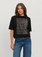 GUESS Women's Eco Black Shiny Box T-Shirt Size: Small, Cotton