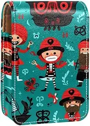 Lipstick Case,Leather Lip Gloss Lipstick Organizer with Mirror,Mini Lipstick Holder Bag,Cartoon Pirate Ocean Theme