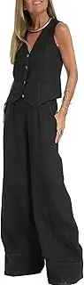 [YILEEGOO] Women's Cotton Linen 2 Piece Outfit Sleeveless Suit Button V-Neck Vest and Wide Leg Pants Casual Blazer Matching Sets