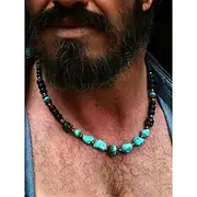 Handmade Natural Stone Beaded Necklace for Men – Vintage Boho Style Turquoise Black Agate Choker, Tribal Jewelry for Beach, Travel Casual Wear