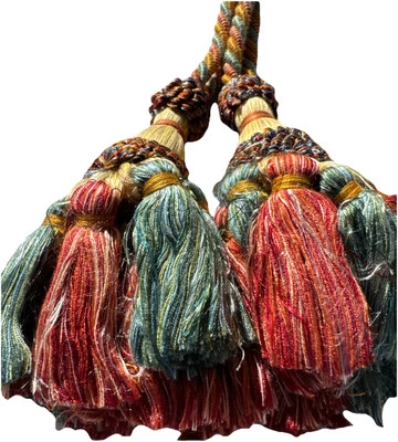 Set of 2 50" French Gold Burgundy Sage Chainette Crown Tassel European Tassels