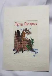 COMPLETED FINISHED CROSS STITCH CARD Christmas Chipmunk