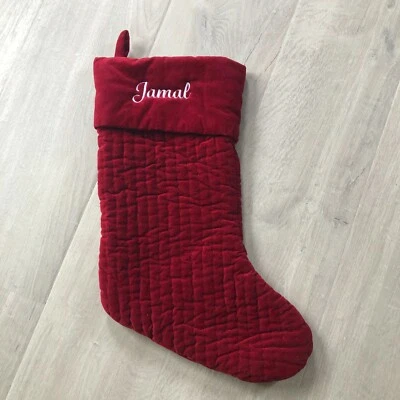 POTTERY BARN VELVET CHANNEL PICK STITCH RED CHRISTMAS STOCKING, JAMAL
