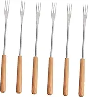Mobestech 6Pcs Wood Handle Fondue Forks Stainless Steel Dessert Skewers for Outdoor BBQ Camping and Hot Pot Heat Insulated Kitchen Utensils for Fruit