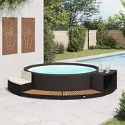 Black Poly Rattan and Acacia Wood Spa Surround with Built-in Storage, Weatherproof Design and Mini Sofa, Dimensions 289 x 124 x 56 cm for Outdoor Hot Tubs