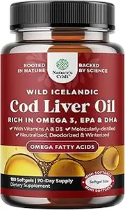 Icelandic Cod Liver Oil Softgels - Wild Caught EPA DHA Omega 3 Fish Oil 1000mg - Sustainably Sourced Burpless Fish Oil Supplement with Vitamin D3 and A for Heart Joint Brain and Immune Support