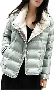[ZHANGSHAOHUA] Women's Winter Jacket Turtleneck Ultra Lightweight Short 90% White Duck Down Warm Light Green Small