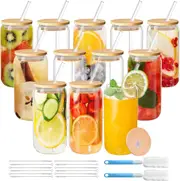 12-Pack Clear Glass Cup Set: Glasses with Bamboo Lids, Straws