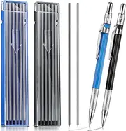 Gersoniel 2 Pcs Silver Welders Pencil with 12 Pcs 2.0 mm Round Refills Metal Marker for Steel Marking Pen Mechanical Pencil Set for Construction, Welding Tools, Workers(Blue, Silver, Black)