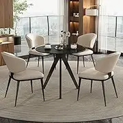 YUGXTH Reception Table and Chair Combination, Office Reception Round Table, Conference Reception Room Coffee Table with 4 Chair, High Back PU Leather Chairs, for Reception Room, Living Room(Off-white)