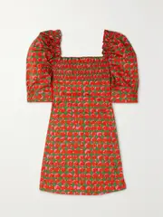 [La DoubleJ] La DoubleJ - Ruffled Smocked Printed Cotton-blend Poplin Mini Dress - Red - x small x small Red