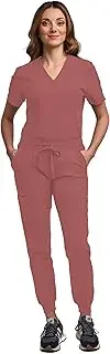 [Green Town] Scrubs for Women Scrub Set - Jogger Pant and Tuck-in V-Neck Top, 5 Pockets, Yoga Waistband, Nursing Uniform, Dusty Cedar, Large