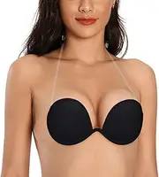 [JOATEAY] Women's Strapless Backless Bra Plunge Push Up Underwire Adhesive Halter Bra with Clear Strap