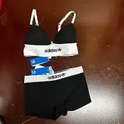 Adidas Womens Black Smart And Novel Slim Fit Stretch Triangle Bra And Shorts Set