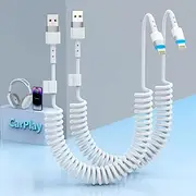 2Pack CarPlay USB A to Lightning iPhone Coiled Charger Cable for Car/Uber,4Ft Apple Short Charging Cord Sync Data Retractable Charger Connector for iPhone14/13/12/11 SE/Xr/iPad[MFi Certified]-White
