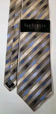 Van Heusen 100% Silk Tie Tan Gold Blue Striped Designer 58"x4" NWT
