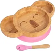 2pc Pink Bamboo Koala Baby Weaning Plate & Fork Set - Wooden Divided Toddler Kids Food Feeding Tray - Silicone Suction Cup - by Tiny Dining