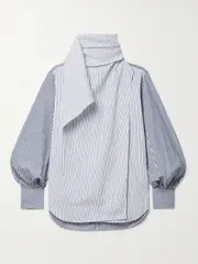 [Adam Lippes] Adam Lippes - Foulard Draped Striped Cotton-poplin Turtleneck Blouse - Blue - US10 US 10 Blue