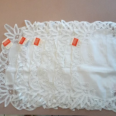Handmade Batten Lace Cotton Placemats 13x21" White Floral Embroidery Set 0f 6