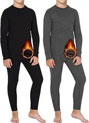 [Dalavch] 2 Sets Youth Boys Thermal Base Layer Long Johns Compression Leggings and Shirts Fleece Lined Underwear for Kids Girls