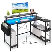 Costway 120cm L Shaped Corner Gaming Desk w/LED Light/Power Outlet Remote Control Storage Computer Desk Black