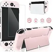 GLDRAM Pink Case for Nintendo Switch OLED Model 2021 with Screen Protector and 4 PCS Thumb Caps, Protective Hard Cover for Switch OLED Console & JoyCon - Ultra-Slim & Flip Shell