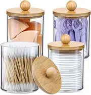 4 Pack Qtip Holder Dispenser with Bamboo Lids - 10 oz Clear Plastic Apothecary Jar Containers for Vanity Makeup Organizer Storage - Bathroom Acc ories Set for Cotton Swab, Ball, Pads, Nature 4 Pack