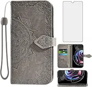 Compatible with Motorola Edge 20 Pro 5G Wallet Case and Tempered Glass Screen Protector Leather Mandala Flower Flip Cover Credit Card Holder Cell Phone Cases for Moto Edge20Pro XT2153-1 Women Men Gray