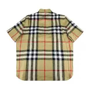 【BURBERRY 巴寶莉】BURBERRY三色格紋相間設計亞麻短袖襯衫(男款/典藏米)