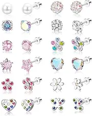 [sailimue] 12 Pairs Hypoallergenic Screw Back Earrings for Women Girls Surgical Steel Cute Heart CZ Flower Pearl Ball Tiny Screwback Stud Earring
