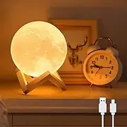 Proxima Direct 4.7 inch Moon Lamp with Wooden Base LED Night Light 3D Printing Moon Night Light with Wooden Stand & Touch Control and USB Rechargeable for Home Decor