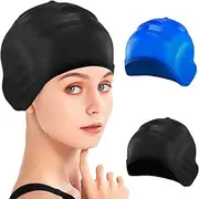 2Pcs Swim Caps Ear Protection 3D Silicone Swimming Cap for Women Men Waterproof Lightweight Stretchable Non-Slip for Long Short Hair, Perfect for Pool, Water Sports Therapy (Black Blue)